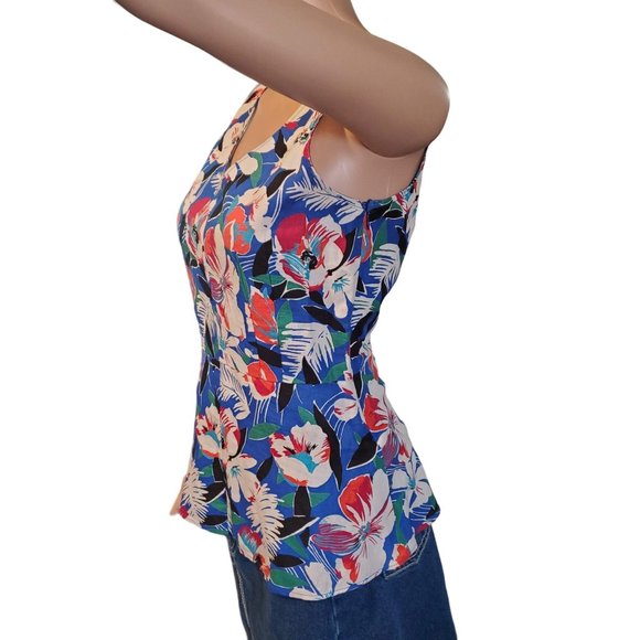 J.Crew Size 0 Blue Tropical Floral Linen Blend Peplum Tank Top Blouse V Neck - Picture 2 of 9
